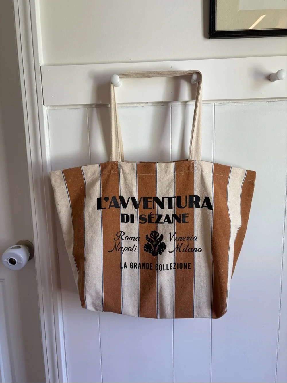 Sézane L'Aventura Camel Striped Cotton Canvas Tote Bag